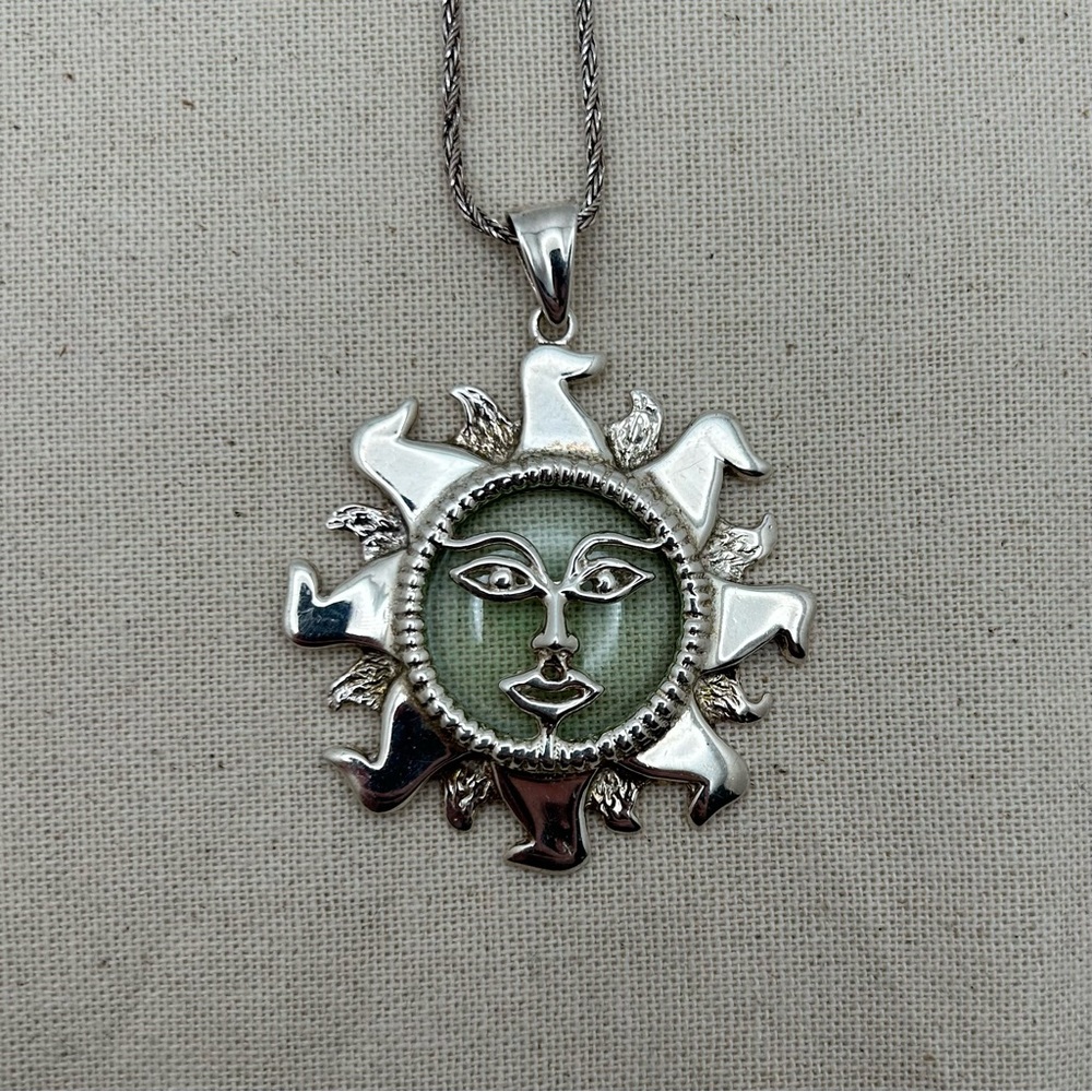 Vintage Large Mexico 925 Sterling Silver Sun Face Necklace with Green Glass